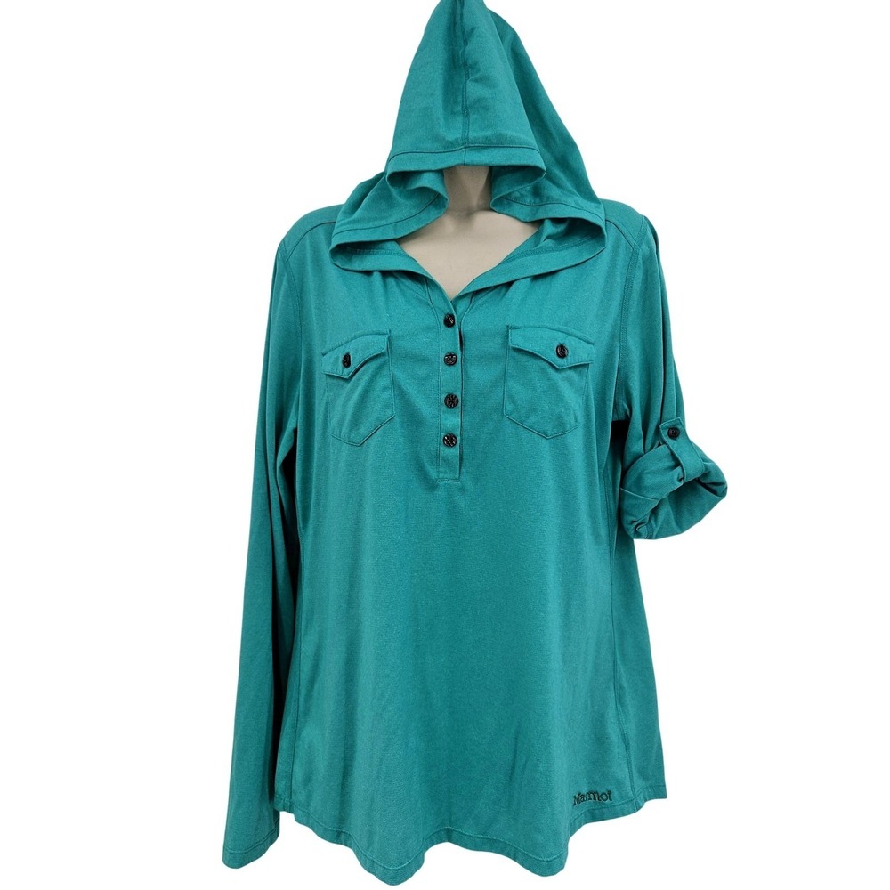 Marmot Top Women L Green Hooded Henley Pullover Preppy Outdoors Hiking‎ Camping